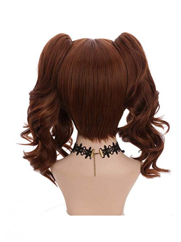 Long Dual Horsetail Brown Wavy Capless Cosplay Wigs With Bangs 24 Inches