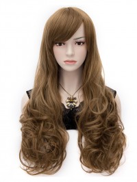 Long Brown Wavy Synthetic Capless Cosplay Wigs With Side Bangs 32 Inches