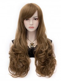Long Brown Wavy Synthetic Capless Cosplay Wigs With Side Bangs 32 Inches