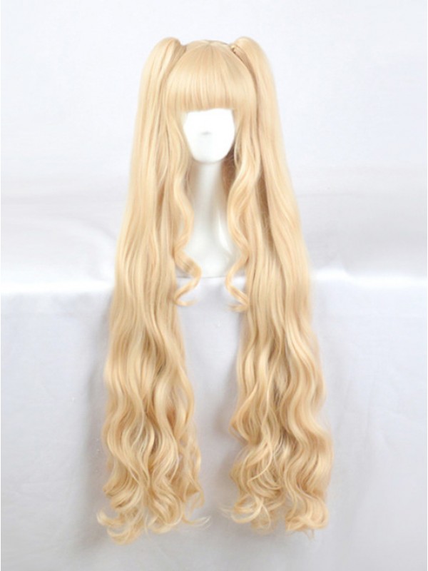 Long Blonde Dual Horsetail Wavy Capless Cosplay Wigs With Bangs 46 Inches