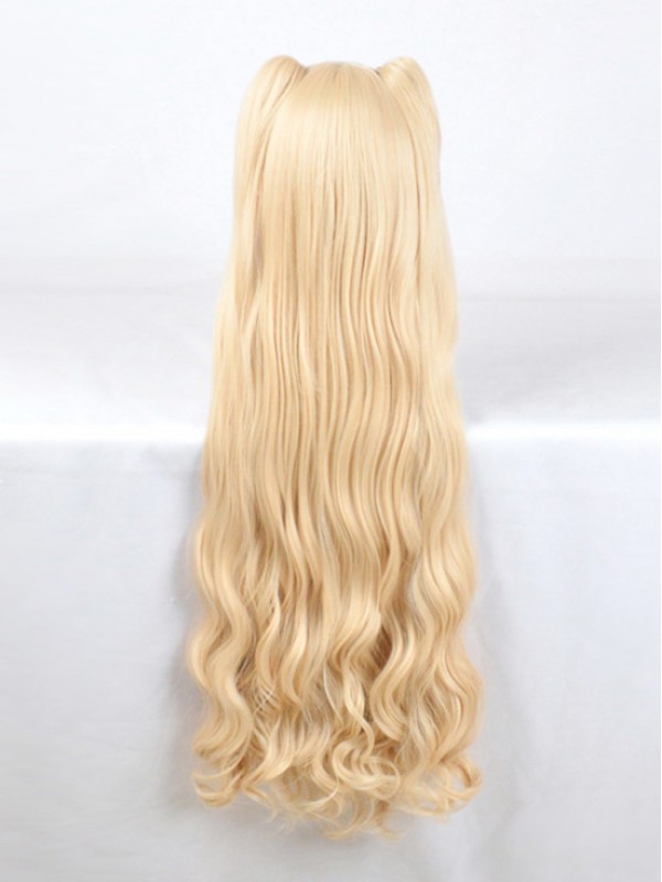 Long Blonde Dual Horsetail Wavy Capless Cosplay Wigs With Bangs 46 Inches