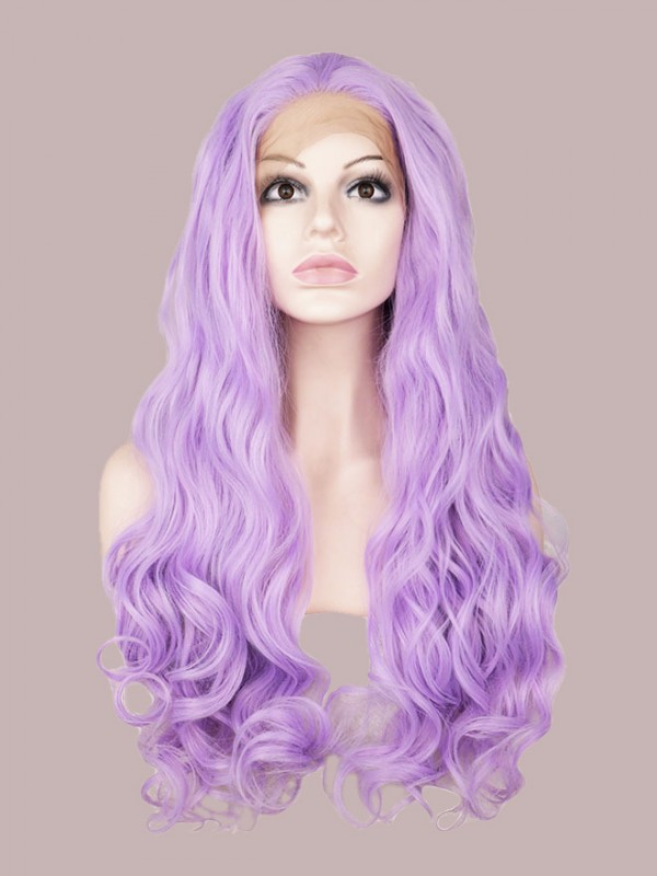 Lavender Long Wave Synthetic Capless Cosplay Wigs Without Bangs 40 Inches