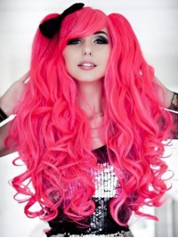 Japanese Lolita Style Pink Synthetic Capless Cosplay Wigs With Bangs 28 Inches