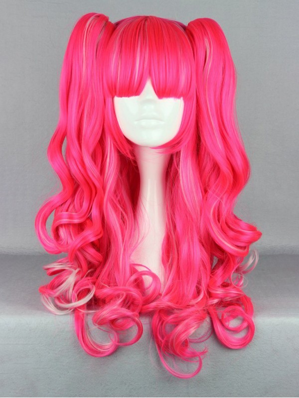 Japanese Lolita Style Pink Synthetic Capless Cosplay Wigs With Bangs 28 Inches