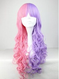 Lolita Style Long Curly Pink With Purple Mixed Synthetic Capless Cosplay Wigs With Bangs 28 Inches