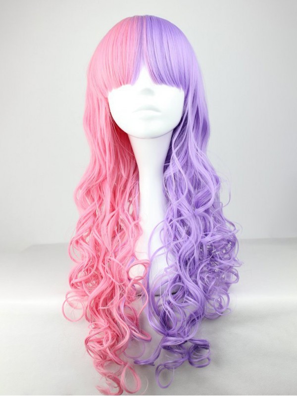 Lolita Style Long Curly Pink With Purple Mixed Synthetic Capless Cosplay Wigs With Bangs 28 Inches