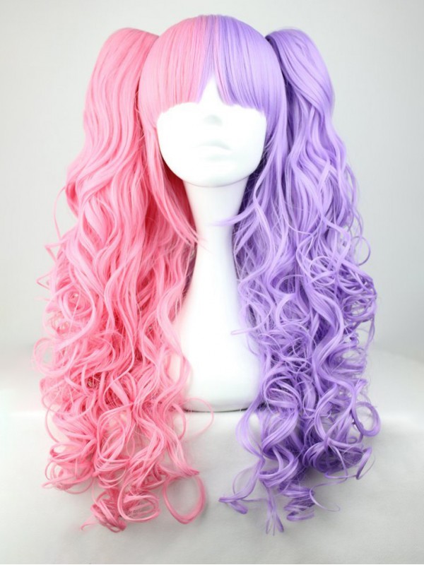 Lolita Style Long Curly Pink With Purple Mixed Synthetic Capless Cosplay Wigs With Bangs 28 Inches
