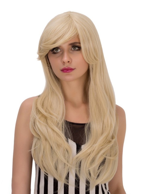 Blue Long Wavy Cosplay Synthetic Capless Wigs With Bangs 28 Inches