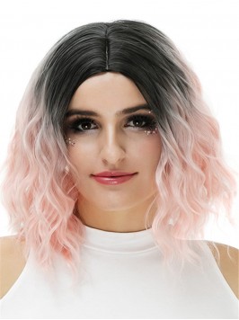 Central Parting Pink Wavy Ombre Dark Root Medium S...