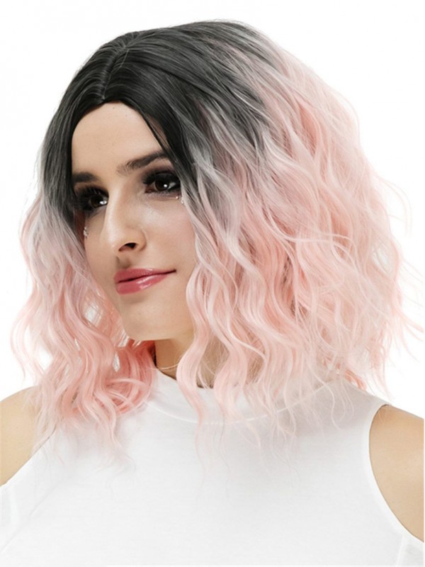 Central Parting Pink Wavy Ombre Dark Root Medium Synthetic Capless 14 Inches
