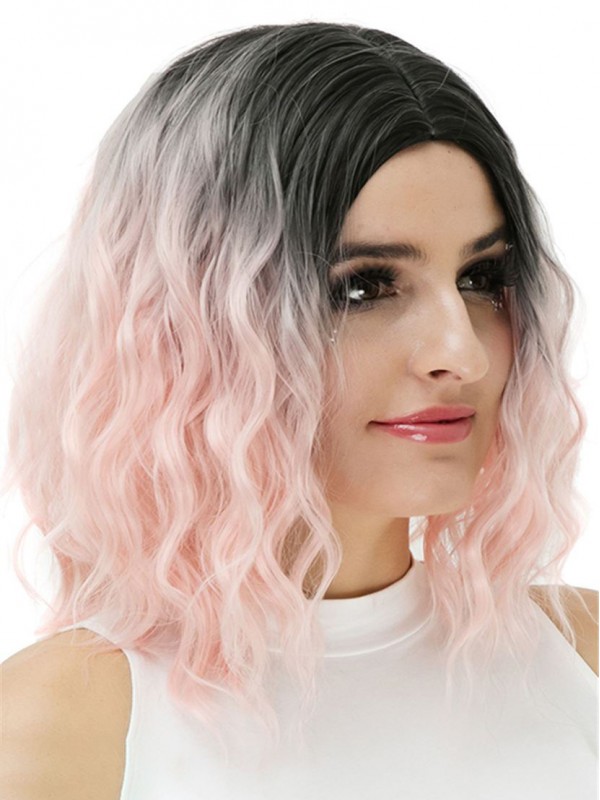 Central Parting Pink Wavy Ombre Dark Root Medium Synthetic Capless 14 Inches