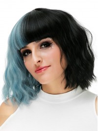 Medium Two-Tones Wavy Synthetic Capless Cosplay Wigs With Bangs 12 Inches
