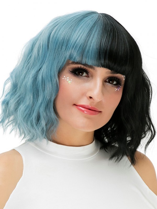 Medium Two-Tones Wavy Synthetic Capless Cosplay Wigs With Bangs 12 Inches