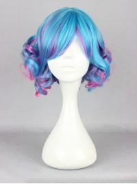 Japanese Lolita Style Mixed Color Blue And Pink Capless Synthetic Cosplay Wigs With Side Bangs 12 Inches