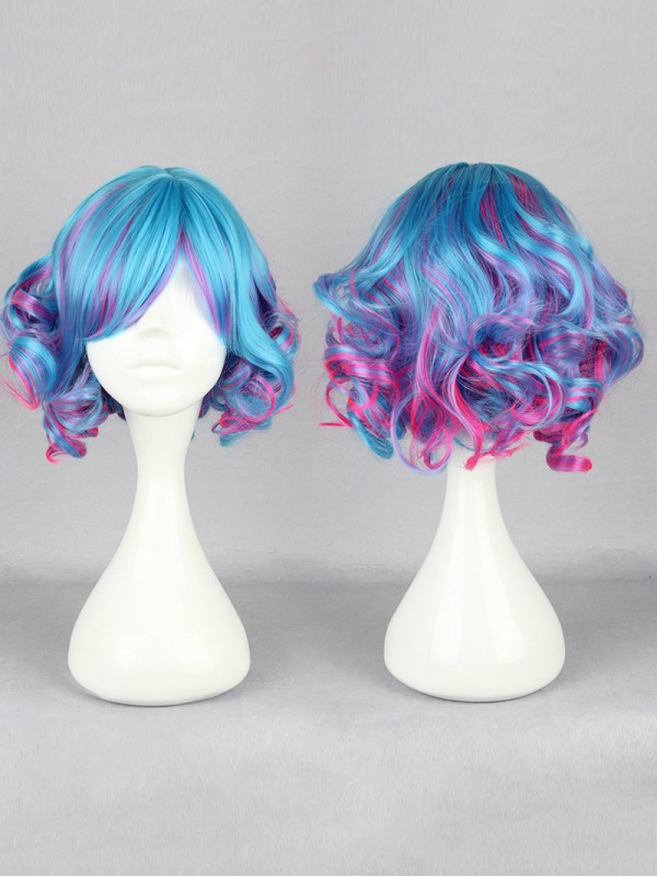 Japanese Lolita Style Mixed Color Blue And Pink Capless Synthetic Cosplay Wigs With Side Bangs 12 Inches