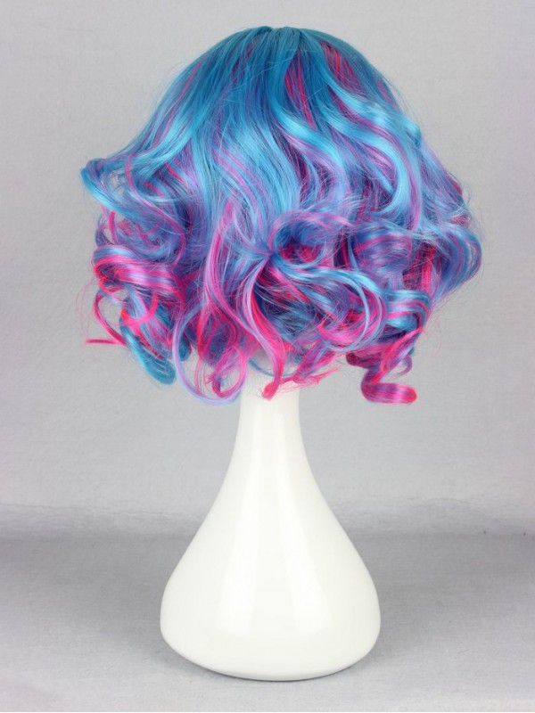 Japanese Lolita Style Mixed Color Blue And Pink Capless Synthetic Cosplay Wigs With Side Bangs 12 Inches