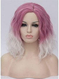 Medium Pink White Curly Synthetic Capless Cosplay Wigs With Side Bangs 14 Inches