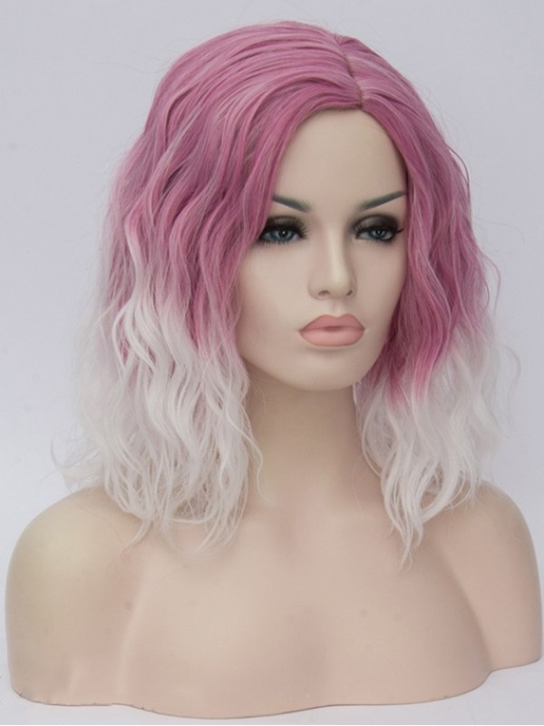 Medium Pink White Curly Synthetic Capless Cosplay Wigs With Side Bangs 14 Inches