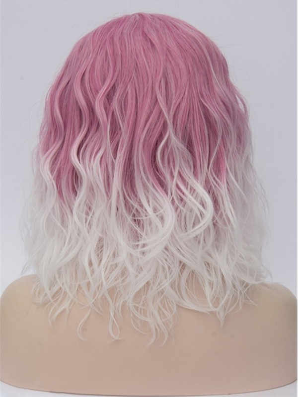 Medium Pink White Curly Synthetic Capless Cosplay Wigs With Side Bangs 14 Inches