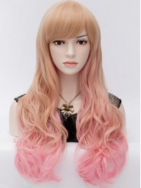 Harajuku Mixed Colored Long Wavy Synthetic Capless Wig With Bangs 28 Inches