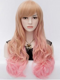 Harajuku Mixed Colored Long Wavy Synthetic Capless Wig With Bangs 28 Inches