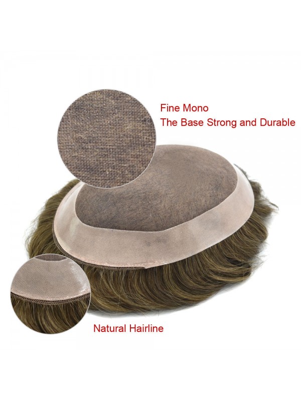 D7-3 Men's Toupee Fine Mono Lace Hair Replacement System Poly Coating Around Units Wigs