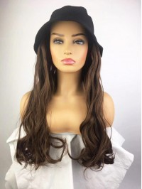 Brown Long Wavy Synthetic Wigs 26 Inches With Black Fishman Hat