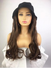Brown Long Wavy Synthetic Wigs 26 Inches With Black Fishman Hat