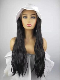Black Long Curly Synthetic Wigs 26 Inches With White Fishman Hat