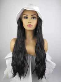 Black Long Curly Synthetic Wigs 26 Inches With White Fishman Hat