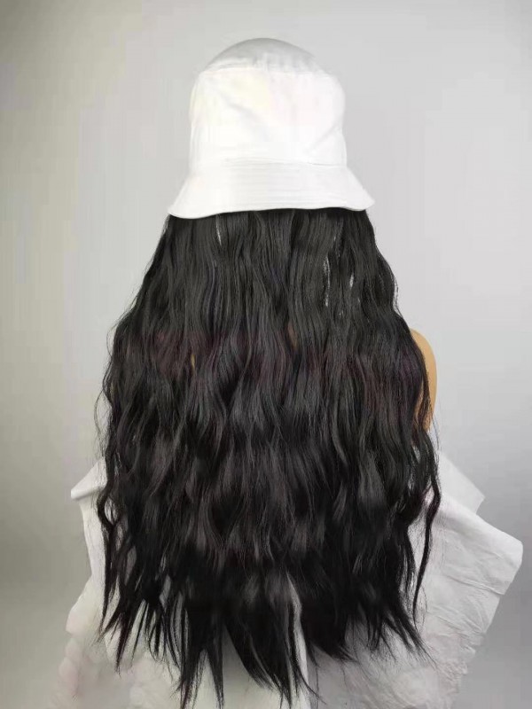 Black Long Curly Synthetic Wigs 26 Inches With White Fishman Hat