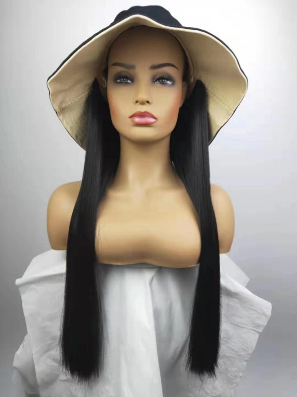 Black Straight Long Synthetic Wigs 28 Inches With Lace Fisherman Hat