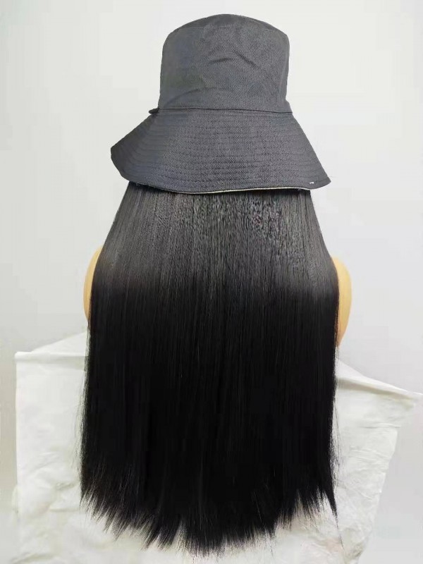 Black Straight Long Synthetic Wigs 28 Inches With Lace Fisherman Hat