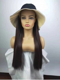 Reddish Brown Straight Long Synthetic Wigs 28 Inches With Lace Fisherman Hat