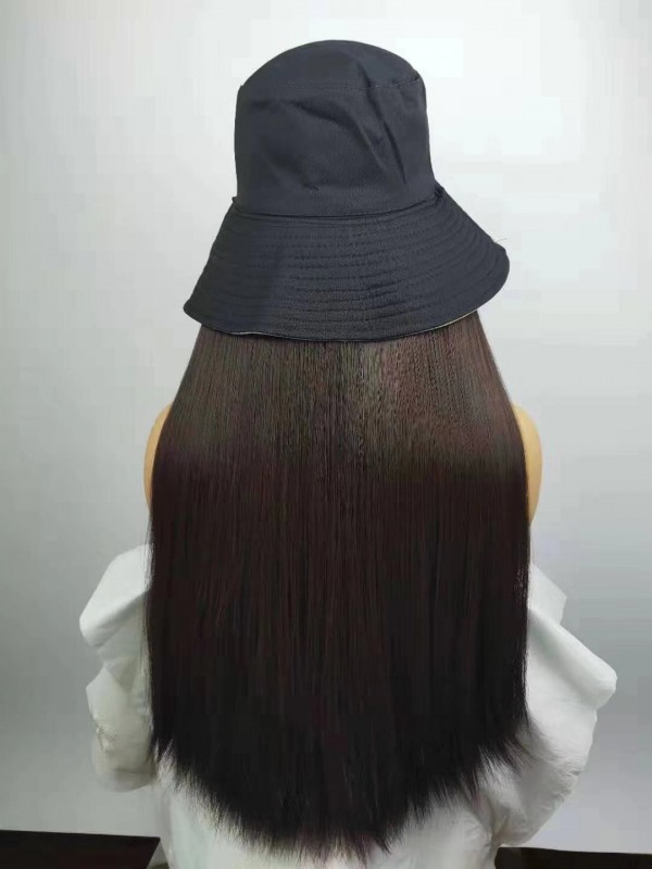 Reddish Brown Straight Long Synthetic Wigs 28 Inches With Lace Fisherman Hat