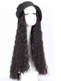 Black Long Curly Synthetic Wigs 28 Inches With Black Hats