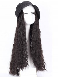 Black Long Curly Synthetic Wigs 28 Inches With Black Hats