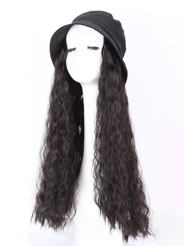 Black Long Curly Synthetic Wigs 28 Inches With Black Hats