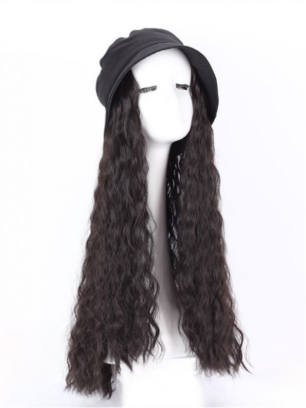 Black Long Curly Synthetic Wigs 28 Inches With Black Hats