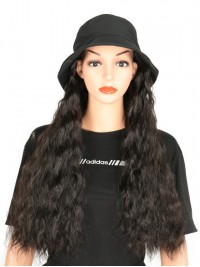 Black Long Curly Synthetic Wigs 28 Inches With Black Fishman Hat