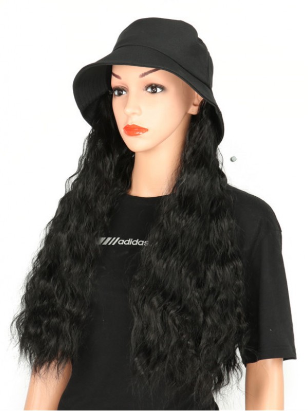 Black Long Curly Synthetic Wigs 28 Inches With Black Fishman Hat