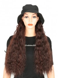 Brown Long Curly Synthetic Wigs 28 Inches With Black Fishman Hat