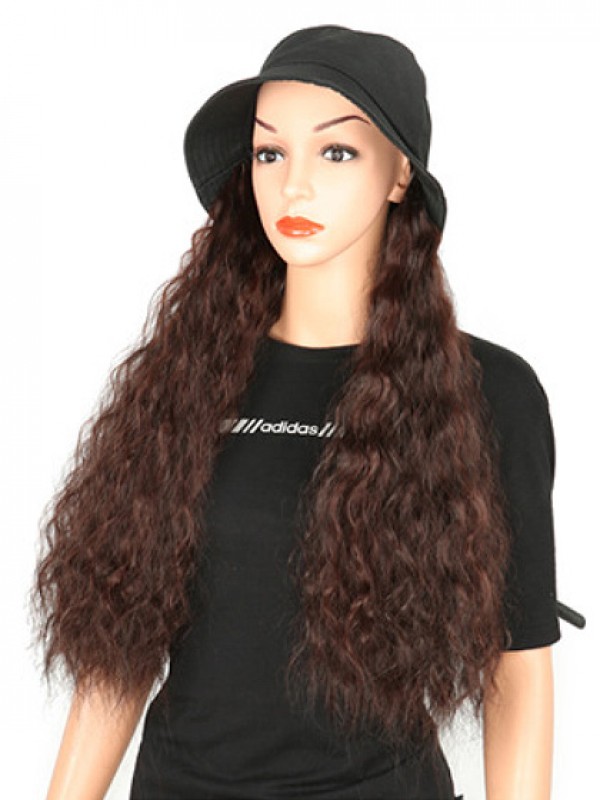 Brown Long Curly Synthetic Wigs 28 Inches With Black Fishman Hat