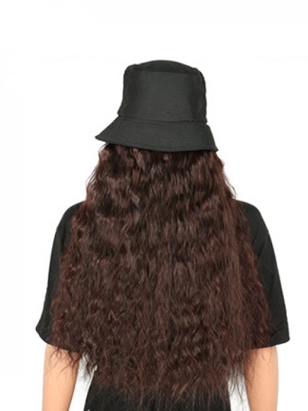 Brown Long Curly Synthetic Wigs 28 Inches With Black Fishman Hat