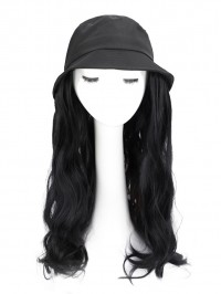 Black Long Wavy Synthetic Wigs 22 Inches With Black Fishman Hat