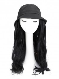 Black Long Wavy Synthetic Wigs 22 Inches With Black Fishman Hat