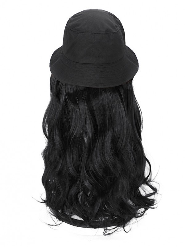 Black Long Wavy Synthetic Wigs 22 Inches With Black Fishman Hat