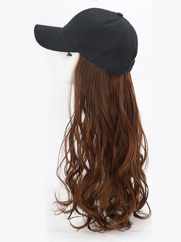 Brown Long Wavy Synthetic Wigs 26 Inches With Black Baseball Hat