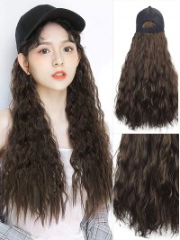 Brown Long Wavy Synthetic Wigs 28 Inches With Women Baseball Hat