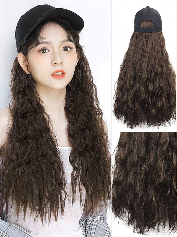 Brown Long Wavy Synthetic Wigs 28 Inches With Women Baseball Hat